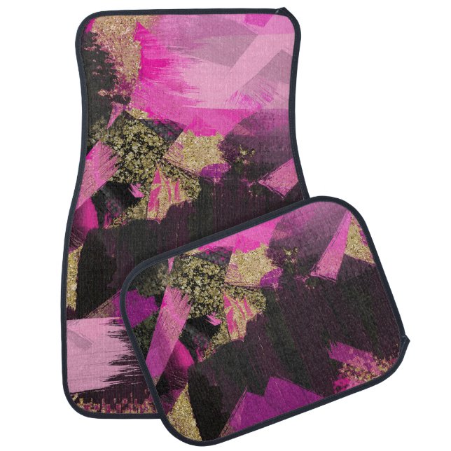 Pink Black Gold Glitter Modern Brush Glam Grunge Car Floor Mat (Set)