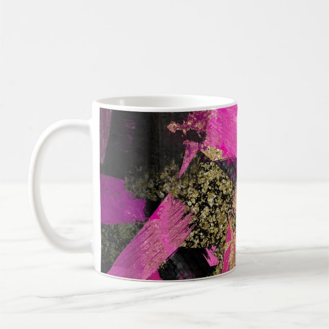 Pink Black Gold Glitter Modern Brush Glam Grunge Coffee Mug (Left)