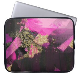 Pink Black Gold Glitter Modern Brush Glam Grunge Laptop Sleeve