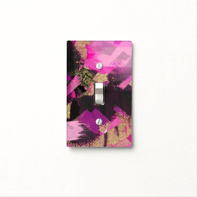 Pink Black Gold Glitter Modern Brush Glam Grunge Light Switch Cover (In Situ)