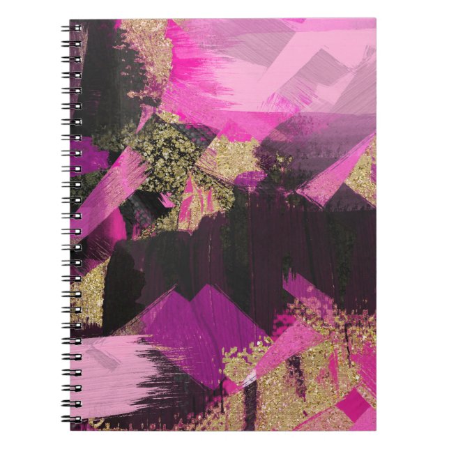 Pink Black Gold Glitter Modern Brush Glam Grunge Notebook (Front)