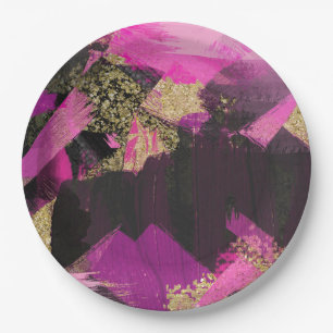Pink Black Gold Glitter Modern Brush Glam Grunge Paper Plates