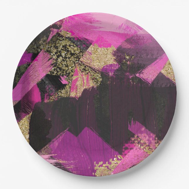Pink Black Gold Glitter Modern Brush Glam Grunge Paper Plates (Front)