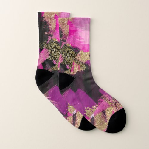 Pink Black Gold Glitter Modern Brush Glam Grunge Socks