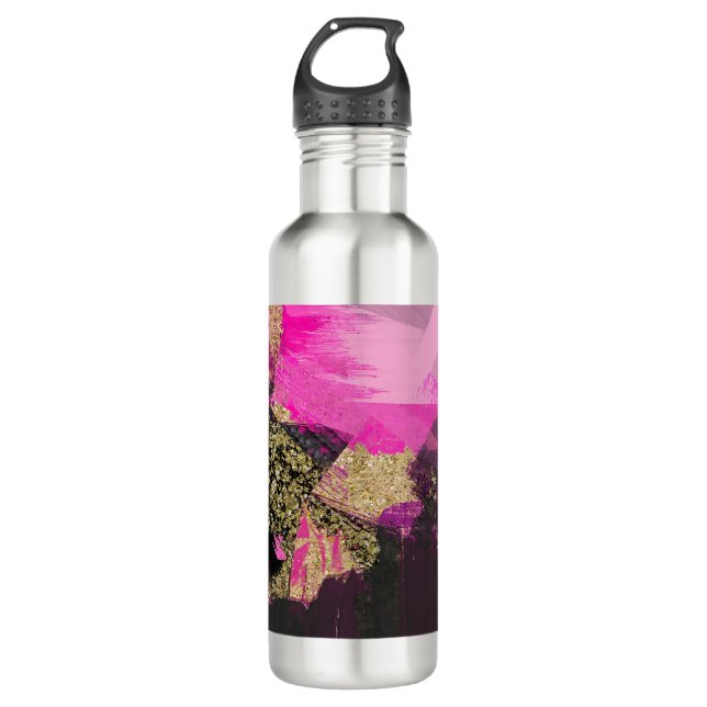 Pink Black Gold Glitter Modern Brush Glam Grunge Stainless Steel Water Bottle (Front)