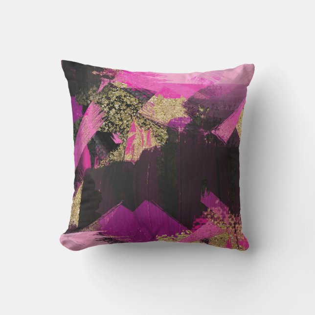 Pink Black Gold Glitter Modern Brush Glam Grunge Throw Pillow (Front)