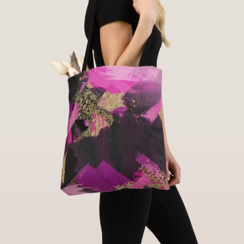 Pink Black Gold Glitter Modern Brush Glam Grunge Tote Bag