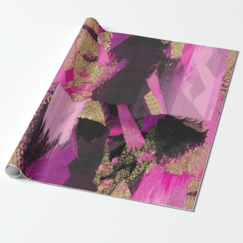 Pink Black Gold Glitter Modern Brush Glam Grunge Wrapping Paper