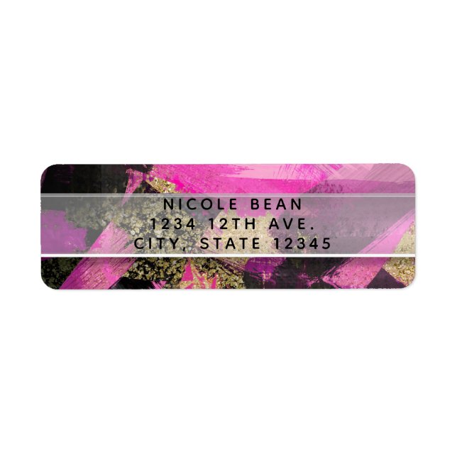 Pink Black Gold Glitter Modern Brush Glam Party Label (Front)