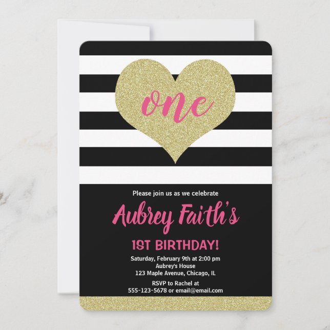 pink black gold heart valentine's day birthday invitation (Front)