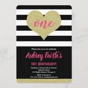 pink black gold heart valentine's day birthday invitation