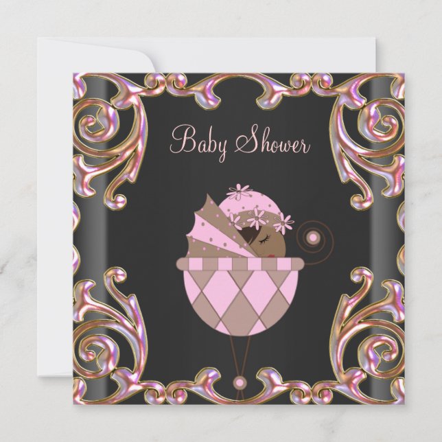 Pink Black Gold Lace Baby Girl Shower Invitations (Front)