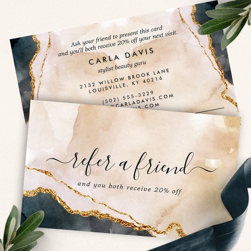 Custom Referral Cards 15 Pink Black Gold Marble Watercolor Modern Referral Card