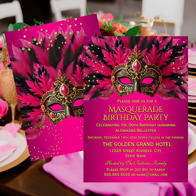 Pink Black Gold Masks Masquerade Birthday Party Invitation (Creator Uploaded)