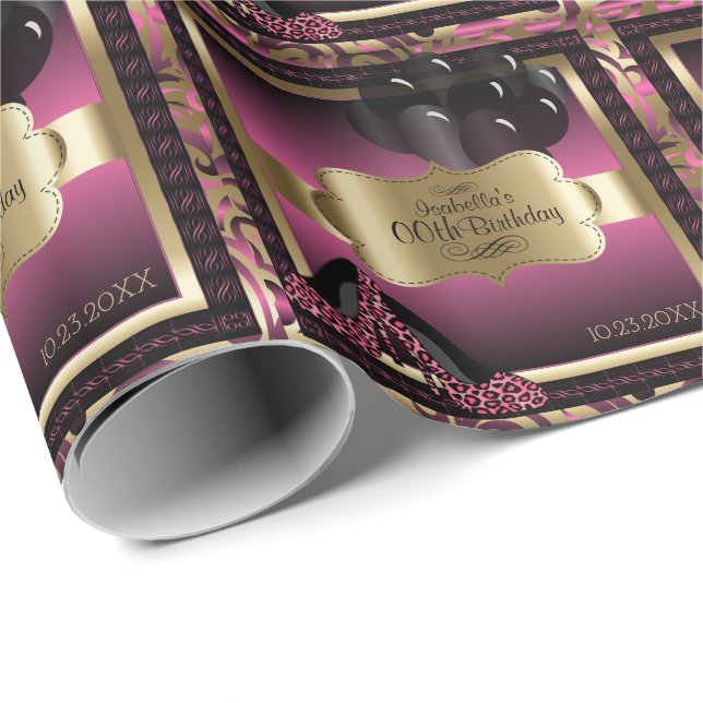 Pink, Black & Gold Metallic - 00th Birthday Wrapping Paper (Roll Corner)