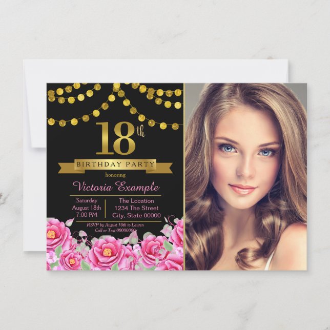 Pink Black Gold Modern 18th Birthday Party Invitation (Front)