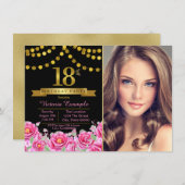 Pink Black Gold Modern 18th Birthday Party Invitation (Front/Back)