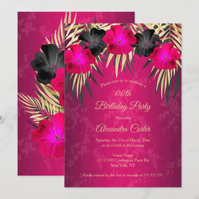 Pink Black Gold Palms Hibiscus Damask Party Invitation (Front/Back)