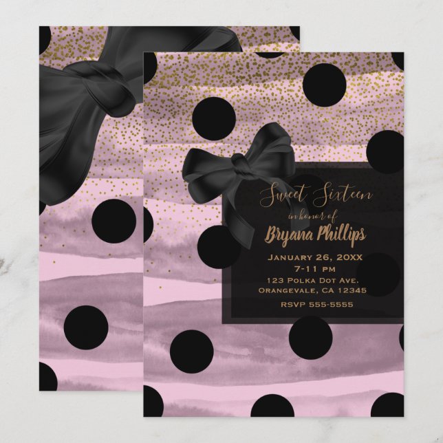 Pink Black & Gold Polka Dots Chic Bow Glam Party Invitation (Front/Back)