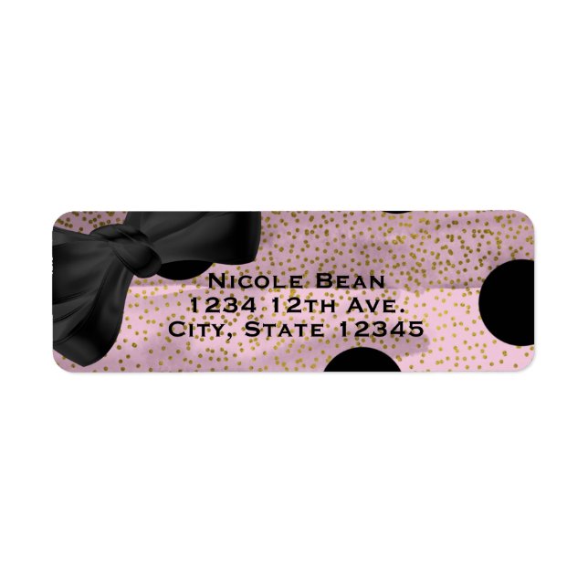 Pink Black & Gold Polka Dots Chic Bow Glam Party Label (Front)