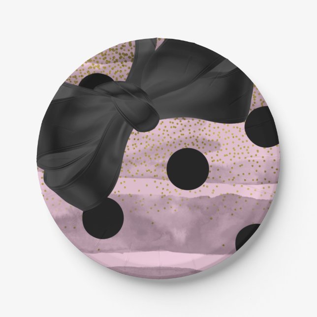 Pink Black & Gold Polka Dots Chic Bow Glam Party Paper Plates (Front)