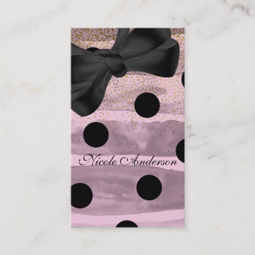 Pink  Black Gold Polka Dots Chic Bow Modern Business Card