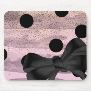 Pink & Black Gold Polka Dots Chic Bow Trendy Glam Mouse Pad