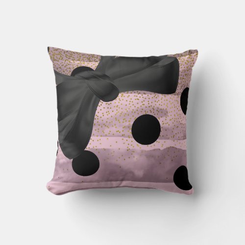 Pink  Black Gold Polka Dots Chic Bow Trendy Glam Throw Pillow