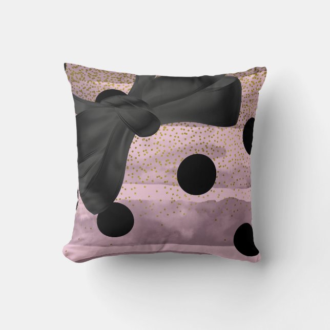 Pink & Black Gold Polka Dots Chic Bow Trendy Glam Throw Pillow (Front)