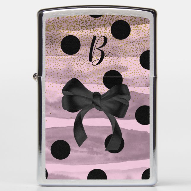 Pink & Black Gold Polka Dots Chic Bow Trendy Glam Zippo Lighter (Front)