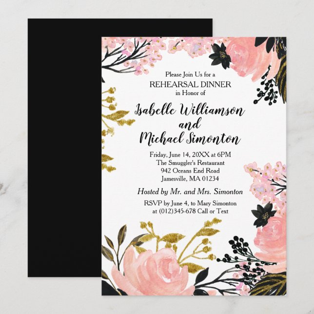 Pink, Black & Gold Rehearsal Dinner Invitation (Front/Back)