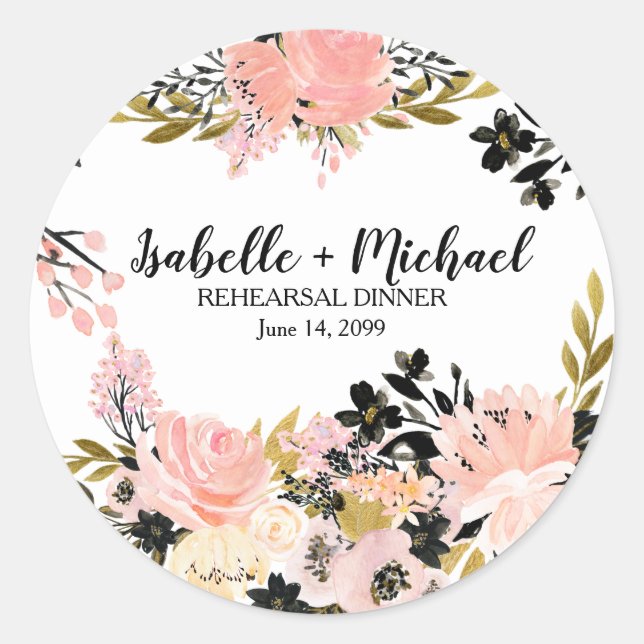 Pink, Black, Gold Rehearsal Dinner Personalized Classic Round Sticker (Front)