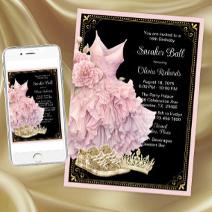 Pink Black Gold Sneaker Ball Birthday Party Invitation