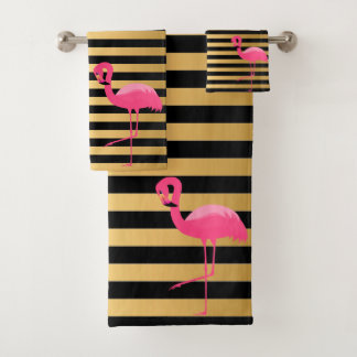 PINK BLACK GOLD STRIPE FLAMINGO BATHROOM TOWEL SET