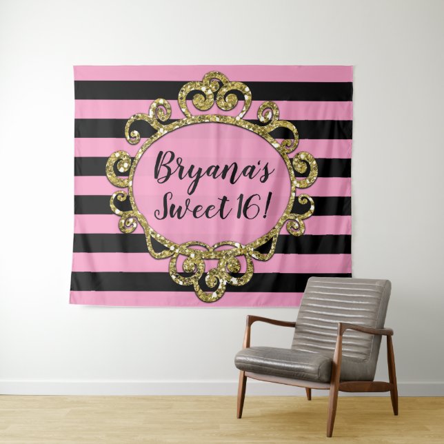 Pink Black & Gold Striped Birthday Party Backdrop (In Situ (Horizontal))