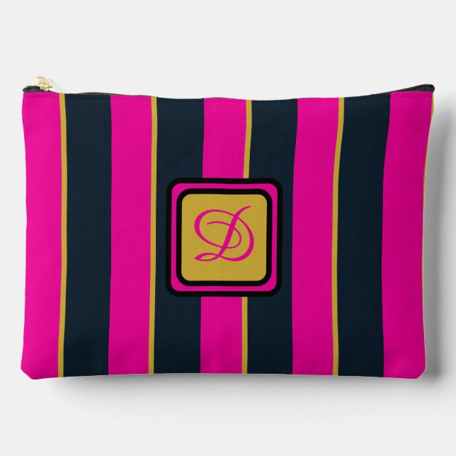 Pink Black & Gold Striped Pretty Monogram  Accessory Pouch (Front)