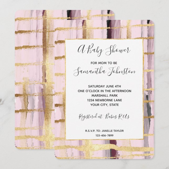 Pink Black Gold Stripes Baby Shower Invitation (Front/Back)