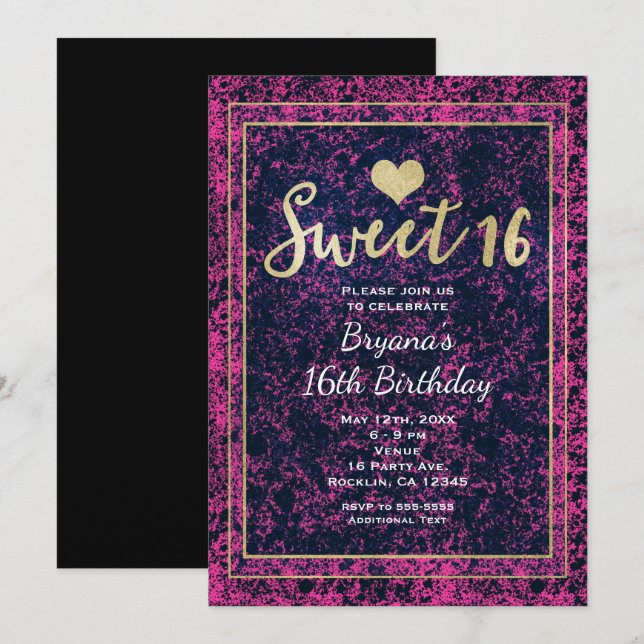 Pink & Black Gold Sweet 16 Modern Party Invitation (Front/Back)