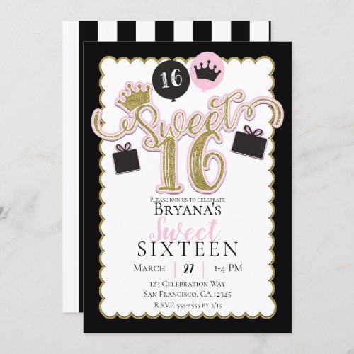 Pink Black Gold Sweet 16 Striped Birthday Party Invitation