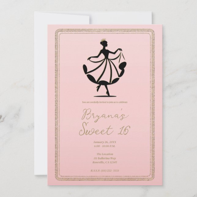 Pink Black Gold Waltzing Dancing Princess Party Invitation (Front)