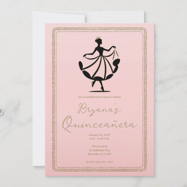 Pink Black Gold Waltzing Dancing Princess Party Invitation (Front)