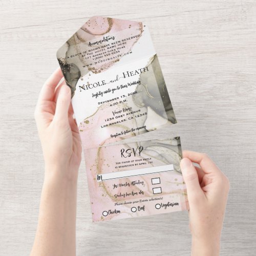 Pink Black Gold Watercolor Chic Modern Wedding  All In One Invitation