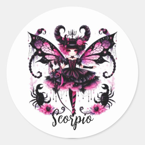 Pink Black Gothic Fairy Scorpio Astrology Zodiac  Classic Round Sticker