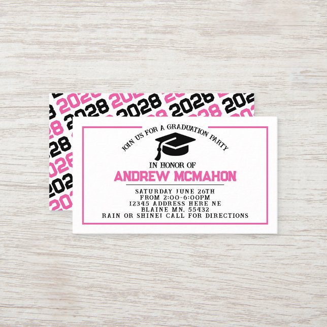 Pink & Black Graduation Invite Announcement Insert (Pink, White & Black Mini Graduation Invites for Friends, Team Mates or as Inserts!)