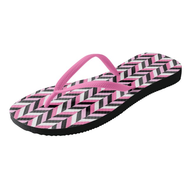 Pink, black, gray and white geometric 2 flip flops (Angled)