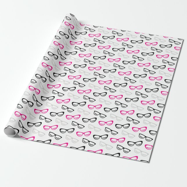 Pink, Black & Gray Glasses & Lashes Wrapping Paper (Unrolled)
