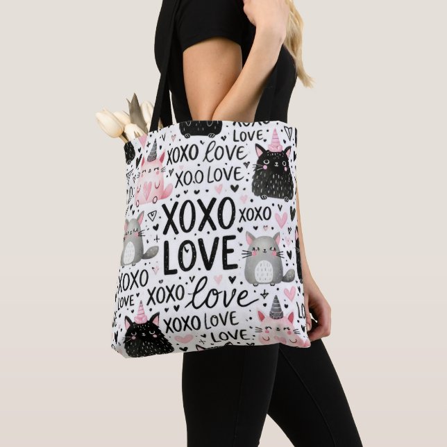 PINK BLACK GRAY VALENTINE CATS MICE & KISSES TOTE BAG (Close Up)