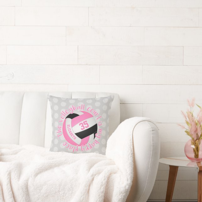 pink black gray volleyball court is my happy place throw pillow (Couch)