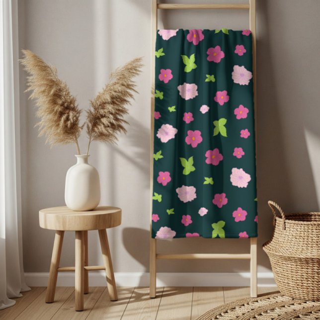 Pink Black Green Flowers Pattern  Bath Towel Set (Pink Black Green Flowers Pattern Bath Towel Set)