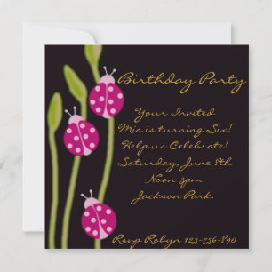 Pink Black & Green ladybug Birthday Invitation
